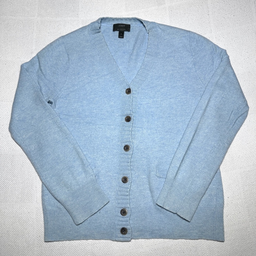 J.Crew V-Neck Cardigan Sweater Womens Large Wool Cashmere Blend Soft Knit Blue